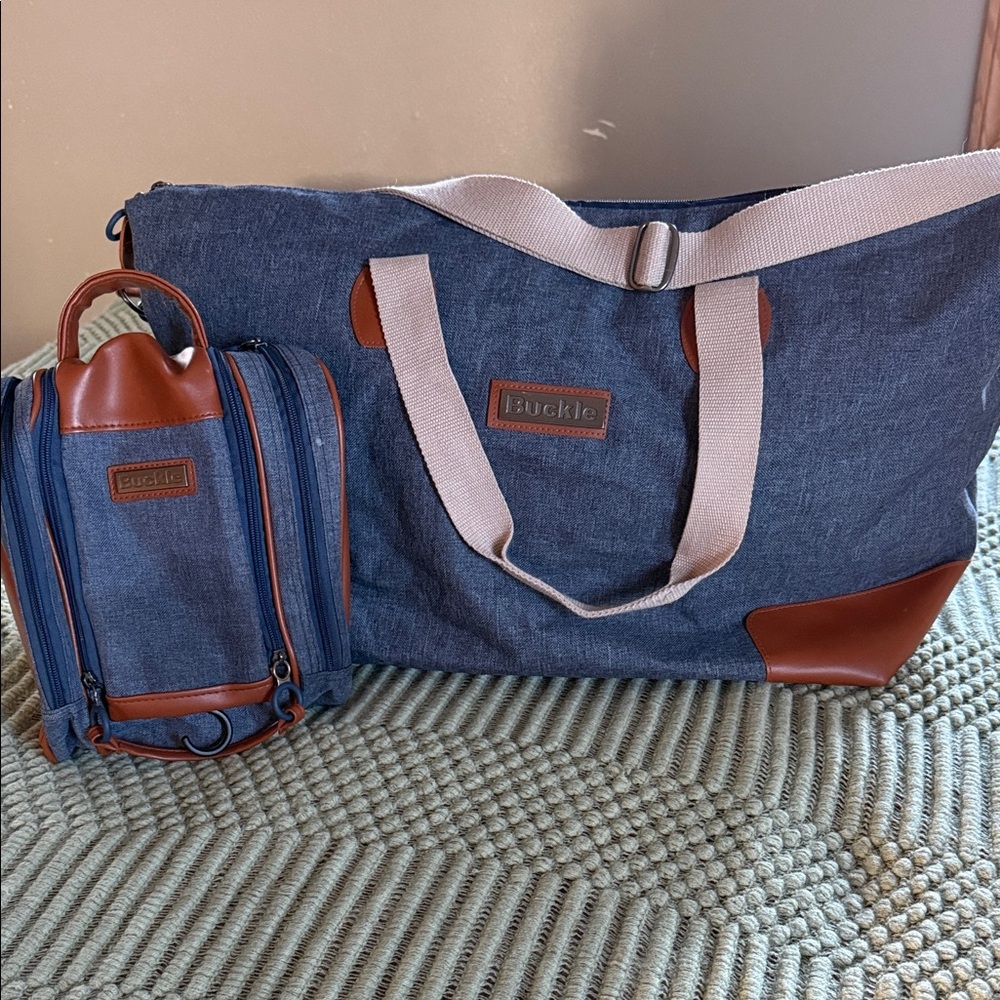Buckle Denim and Leather Duffel Bag Set